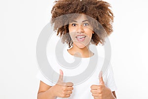 Young african american woman in template blank t shirt showing big thumb up isolated on white background. Afro curly hair.