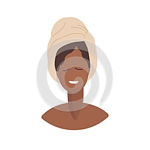 Young African American woman with towel on her head. Girl closed her eyes and enjoys relaxation. Hand drawn beautiful