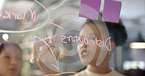 Young African American woman writes on a glass board in a business office setting