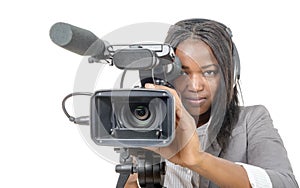 Young African American women with professional video camera and