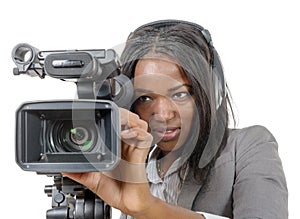 Young African American women with professional video camera and