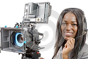Young African American women with professional video camera and