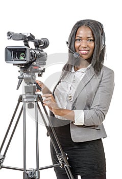 Young African American women with professional video camera and