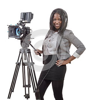 Young African American women with professional video camera and