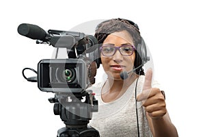 Young African American women with professional video camera