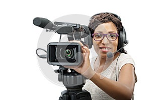 Young African American women with professional video camera