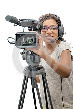 Young African American women with professional video camera