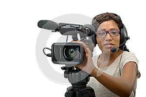 Young African American women with professional video camera