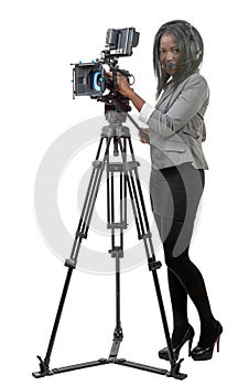 Young African American women with professional video camera and