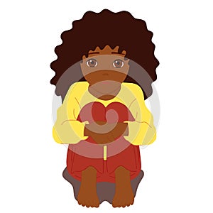Young african girl sitting. Scared, depressed, sad girl looks lonely. Vector illustration of a helpless, frightened