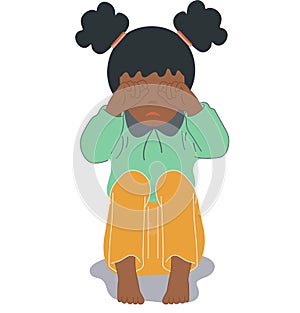 Young african girl sitting. Scared, depressed, sad girl looks lonely. Vector illustration of a helpless, frightened