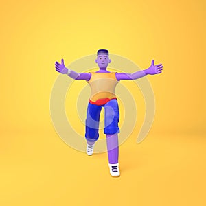 A young african guy informally greets holding out his hand. Trendy concept disproportionate body big legs and arms cartoon photo