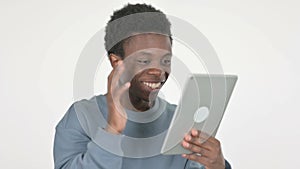 Young African Man Celebrating Success on Tablet on White Background