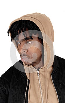 Young African man in a closeup image with a hoody