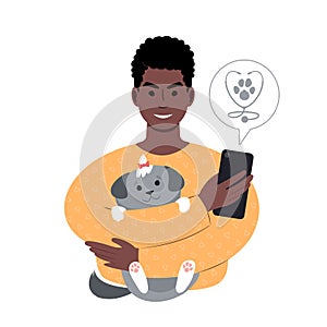 young african man with a tiny dog searching for veterinarian online from smartphone.