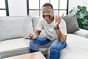 Young african man watching tv holding television remote control smiling happy pointing with hand and finger to the side