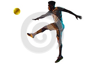 Young african soccer player man isolated white background silhouette shadow