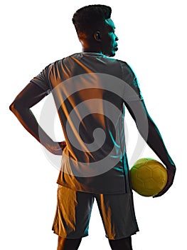 Young african soccer player man isolated white background silhouette shadow