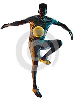 Young african soccer player man isolated white background silhouette shadow