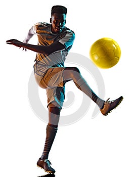 Young african soccer player man isolated white background silhouette shadow