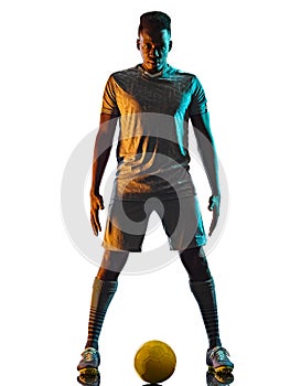 Young african soccer player man isolated white background silhouette shadow