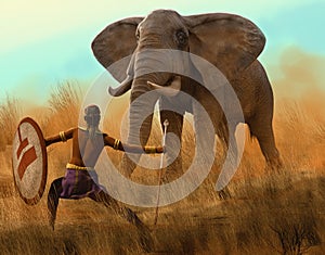 Young African tribal warrior facing a giant elephant