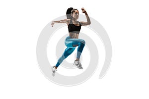 Young african woman running or jogging isolated on white studio background.