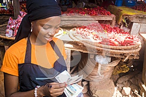 Pretty young african woman selling tomatoes in a local african market counting money and smiling