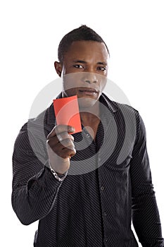 Young afro american man with red arbitrator card