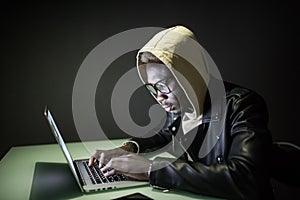 Program development concept. Young afro american man working with computer in the night