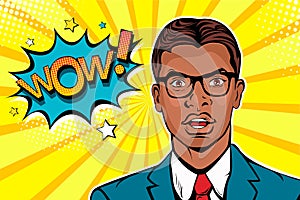 Young afro american surprised man in glasses with open mouth and Wow speech bubble