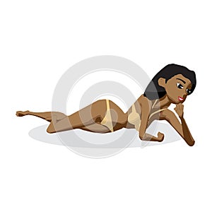 Young afro woman in bikini sunbathing lying on the beach.