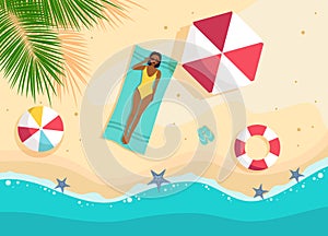 Young afro woman in bikini sunbathing lying on the beach. View from above. Vector flat cartoon illustration isolated