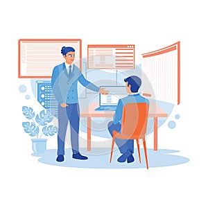 Young AI programmer and IT developer team discussing programming on computers in the company. Discuss Information concept.