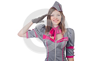 Young airhostess saluting