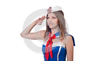 Young airhostess saluting