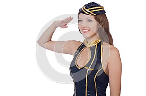 Young airhostess saluting