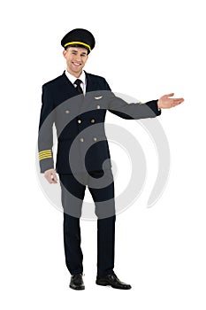 Young airline pilot standing and inviting people on board