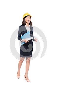 Young aisan beautiful architect working over white background