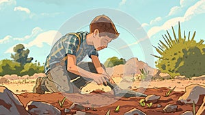 A young amateur paleontologist diligently works at a site carefully recording measurements and observations as they photo