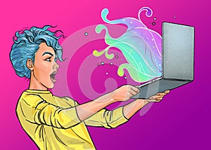 Young amazed woman with laptop in the hand in comic style. IT Advertising poster of smart girl standing and using computer.