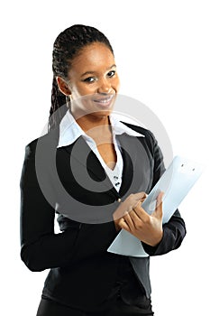 young american african business woman with clipboard