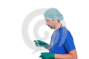 Young anesthetist with larynx mask