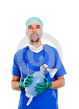 Young anesthetist with resuscitation bag