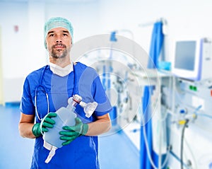 Young anesthetist with resuscitation bag