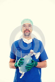 Young anesthetist with resuscitation bag