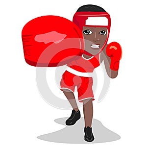 Young angry african american boxer wearing boxing headguard punching to front