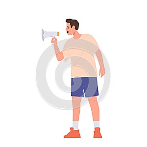 Young angry man protester student or freelancer remote employee cartoon character with megaphone
