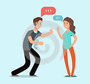 Young angry man and woman couple have quarrel. Unhappy family conflict, disagreement in relationship vector concept