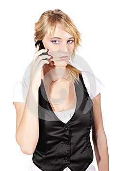 Young angry woman calling by phone